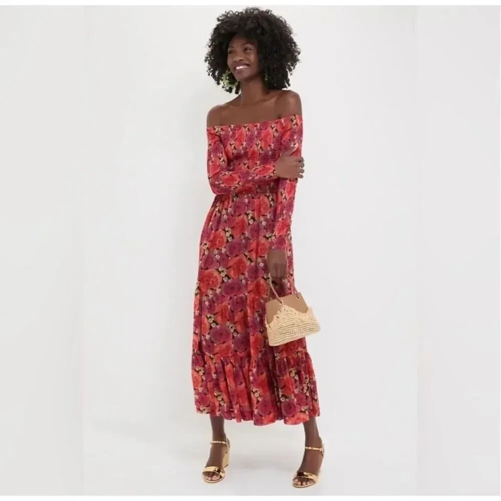 Tuckernuck Pomander Place Rose Chiffon Joni Smocked Maxi Dress Size Medium